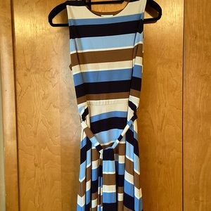 Dress with navy, tan, white & light blue stripes.  Medium knit, tie at waist.